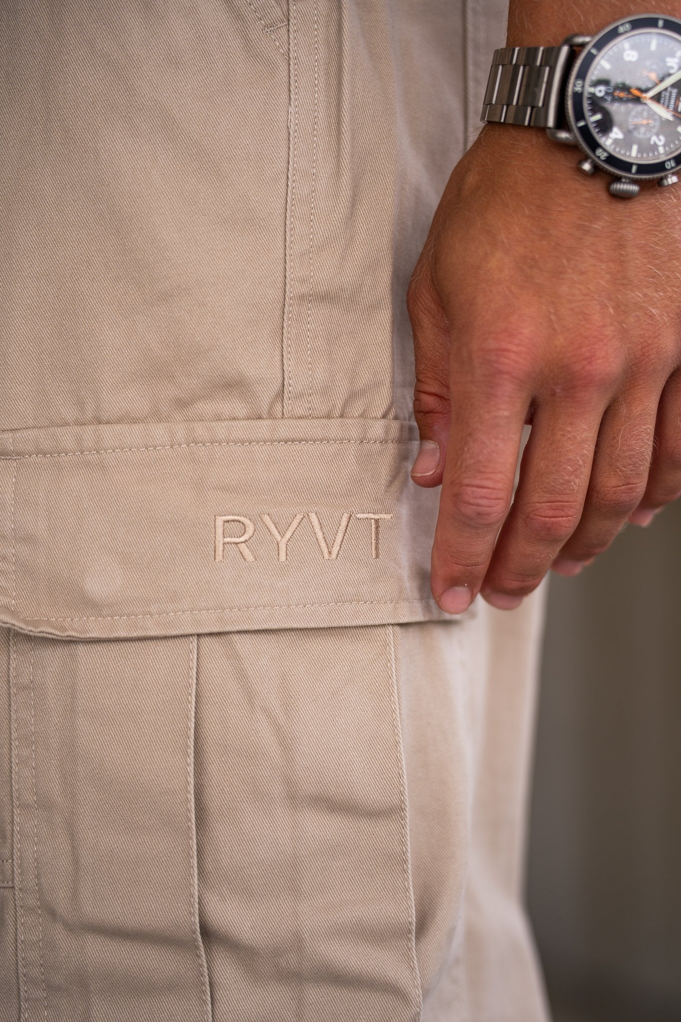Khaki Standard-Issue Cargo Pants, on model, detail view